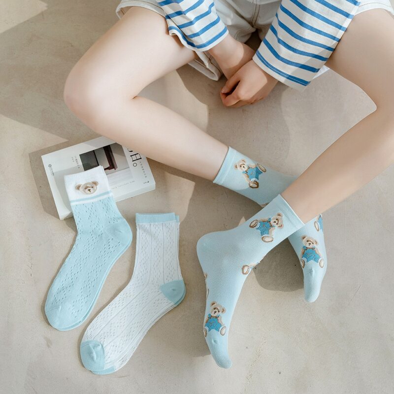 

3pairs Cartoon Bear Crew Socks, Multicolor