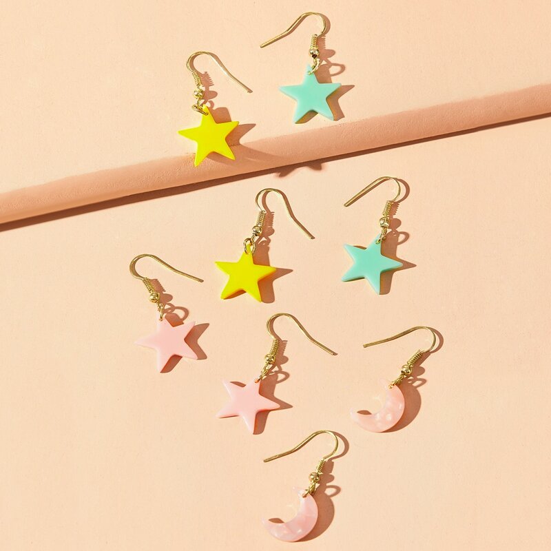 

4pairs Star & Moon Drop Earrings, Multicolor