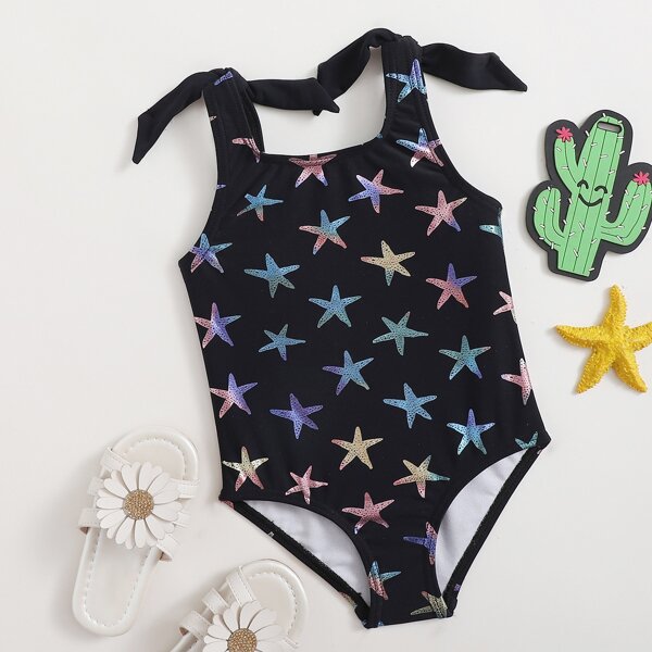 

Baby Girl Star Fish Print One Piece Swimsuit, Black