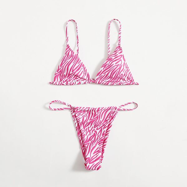 

Zebra Striped Triangle Thong Bikini Swimsuit, Pink