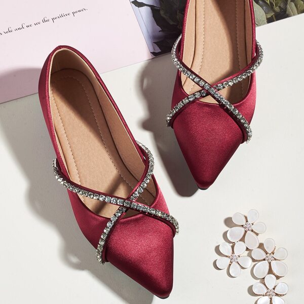 

Rhinestone Decor Satin Flats, Burgundy