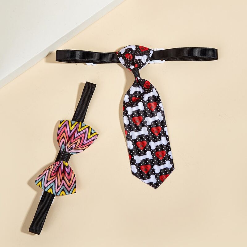 

2pcs Heart Print Pet Bow & Tie Set, Multicolor
