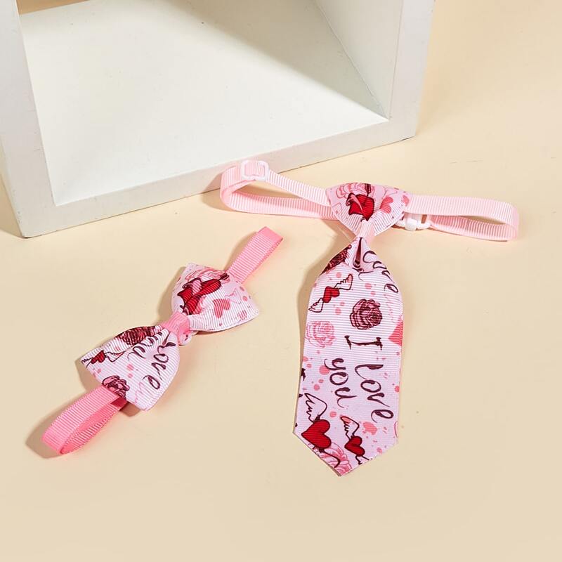 

2pcs Heart Print Pet Bow & Tie Set, Pink