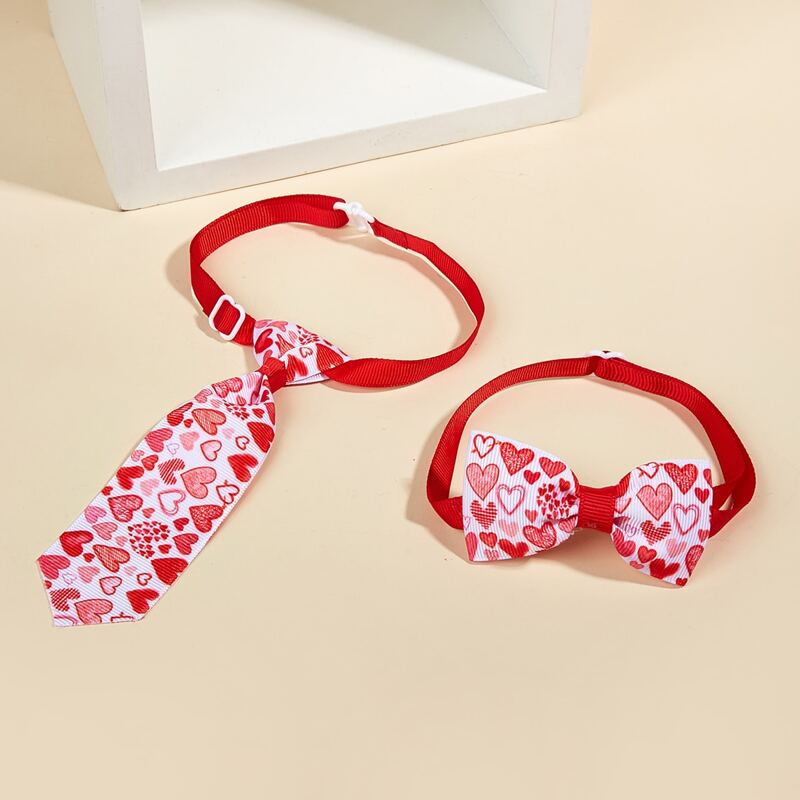 

2pcs Heart Print Pet Bow & Tie Set, Red