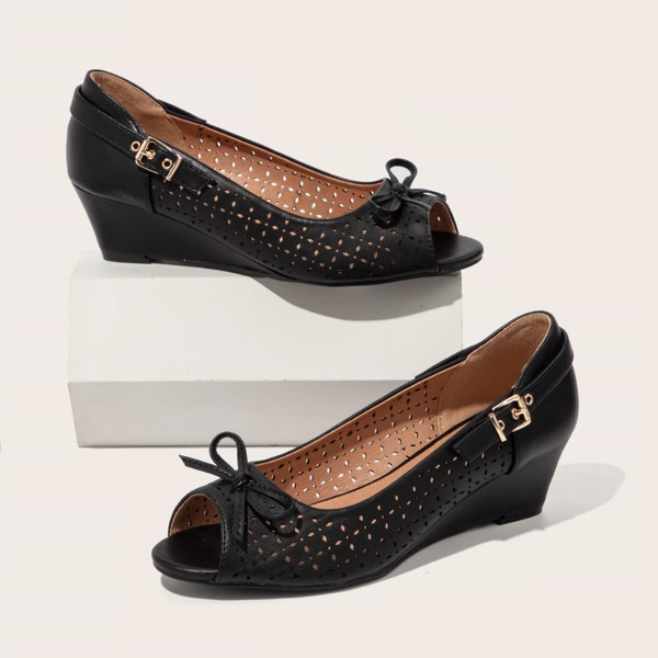 

Peep Toe Bow Decor Hollow Out Court Wedges, Black