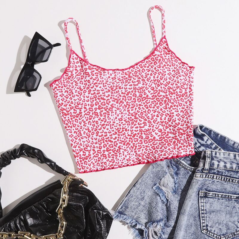 

Leopard Print Lettuce Trim Cami Top, Red and white