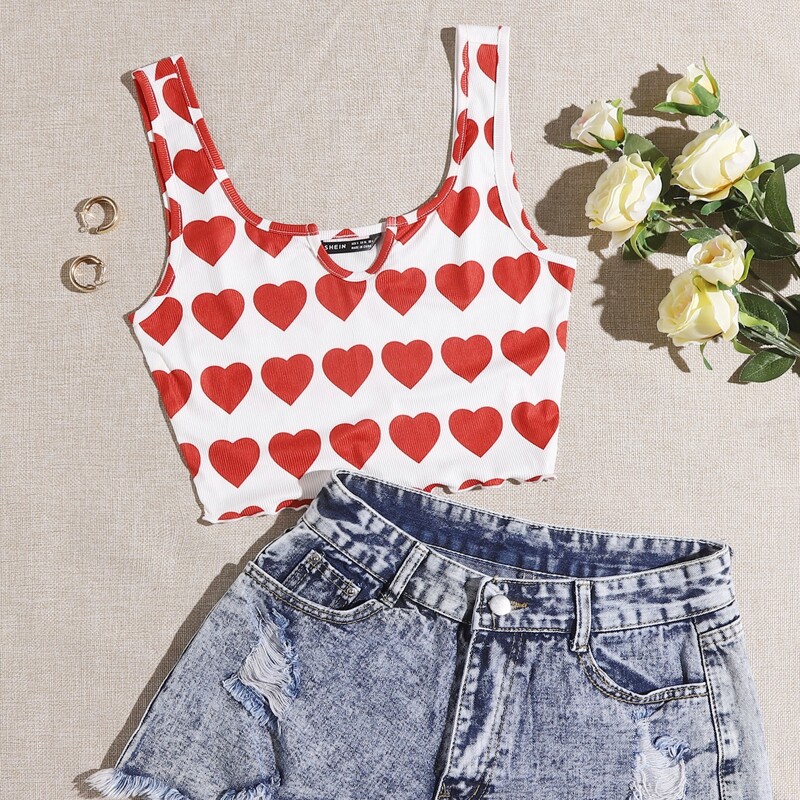 

All Over Heart Print Notched Neck Lettuce Trim Tank Top, Red and white