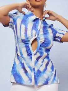 SHEIN BAE 紮染鏤空單排扣襯衫