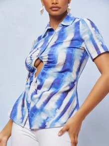 SHEIN BAE 紮染鏤空單排扣襯衫