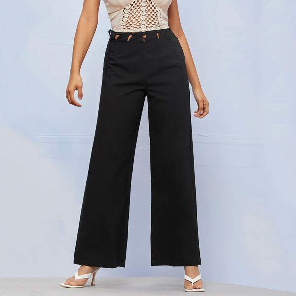 

Solid Cut Out Wide Leg Pants, Apricot