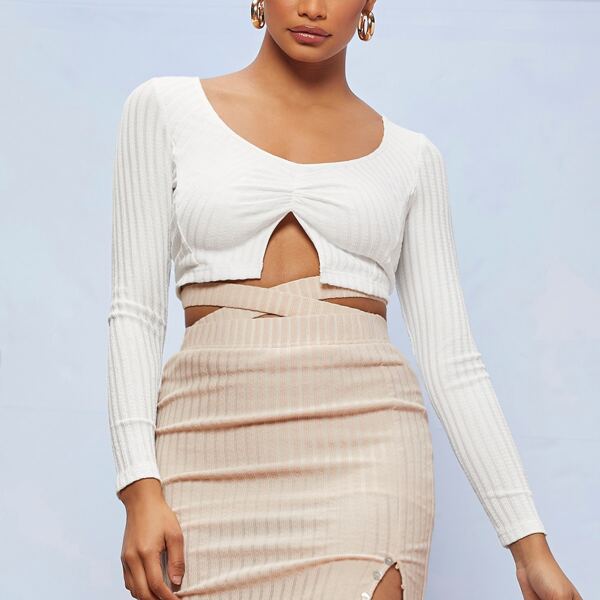 

Split Hem Ruched Detail Rib-knit Tee, White