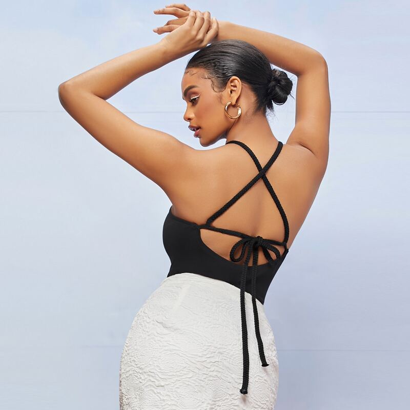 

Braid Criss Cross Back Cut Out Bodysuit, Black