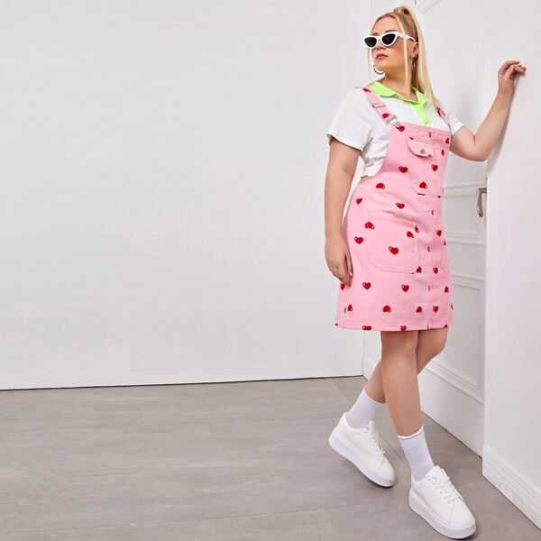

Plus Pocket Front Heart Print Overall Denim Dress, Baby pink