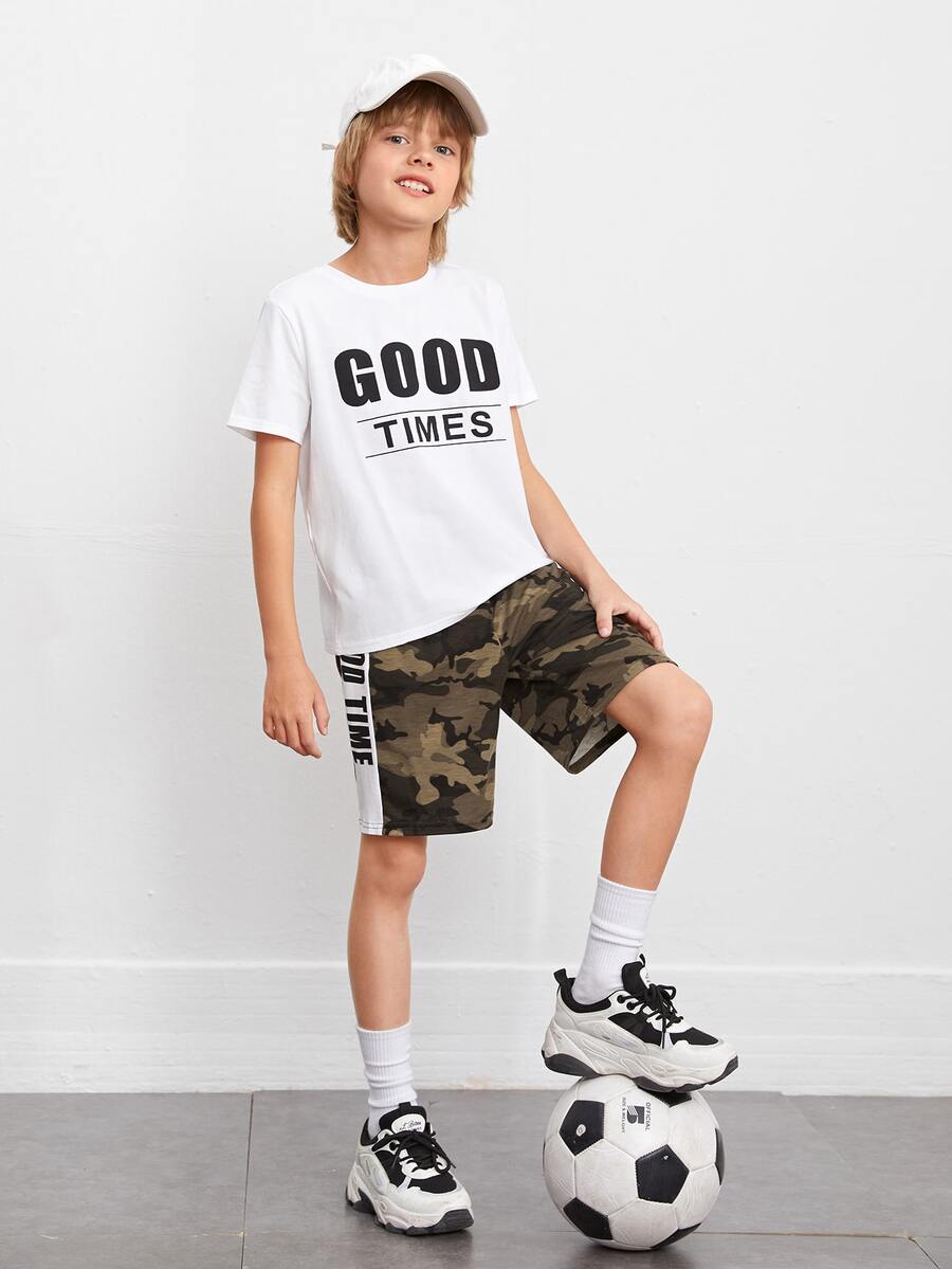 SHEIN Boys Letter Graphic Top & Camo Shorts Set