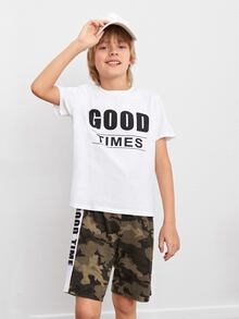 SHEIN Boys Letter Graphic Top & Camo Shorts Set