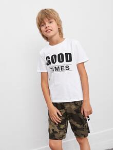 SHEIN Boys Letter Graphic Top & Camo Shorts Set