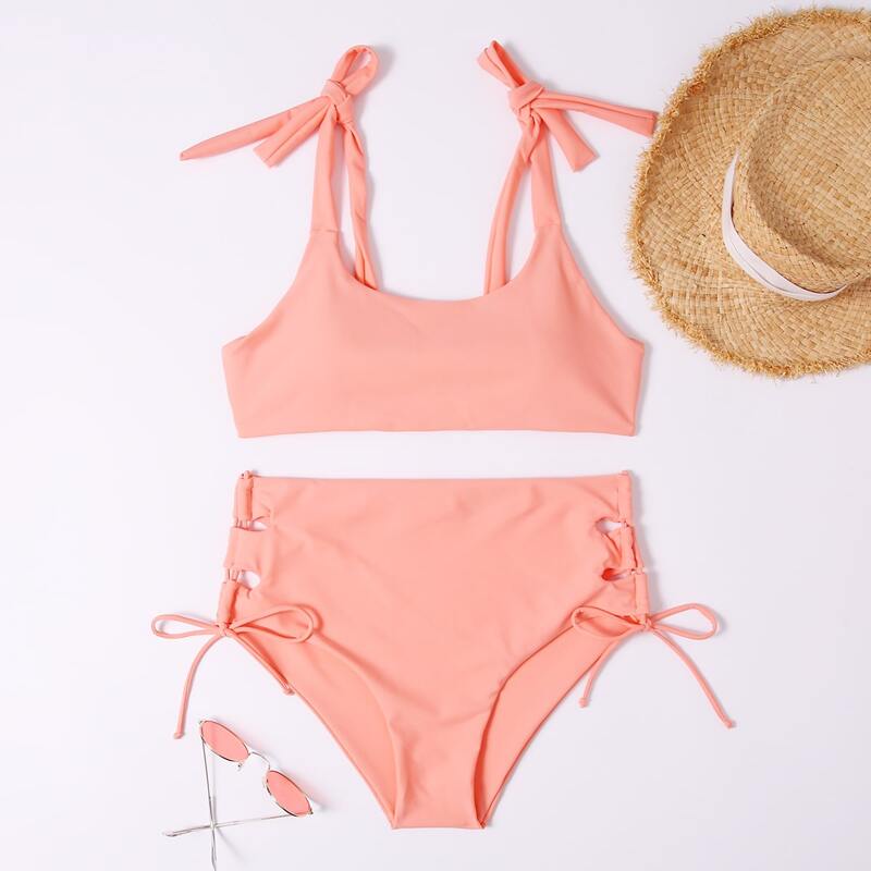 

Solid Tie Shoulder Drawstring Bikini Swimsuit, Coral pink