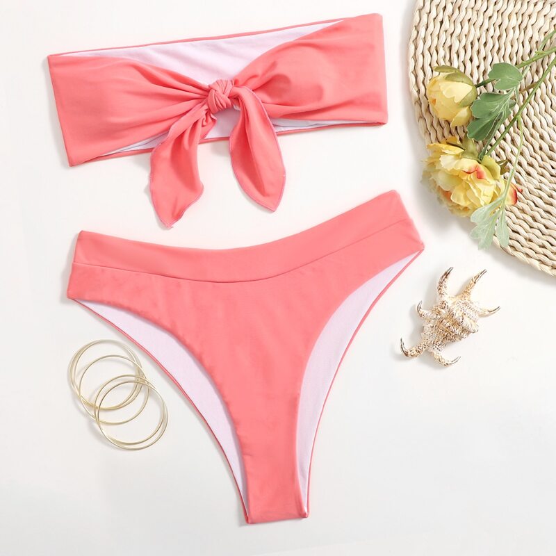 

Solid Knot Front Bikini Swimsuit, Watermelon pink