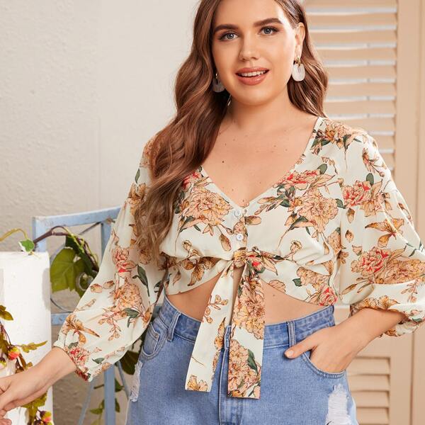 

Plus Floral Print Knot Hem Crop Top, Apricot