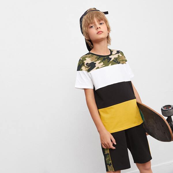 

Boys Colorblock Top & Contrast Camo Sideseam Shorts Set, Multicolor