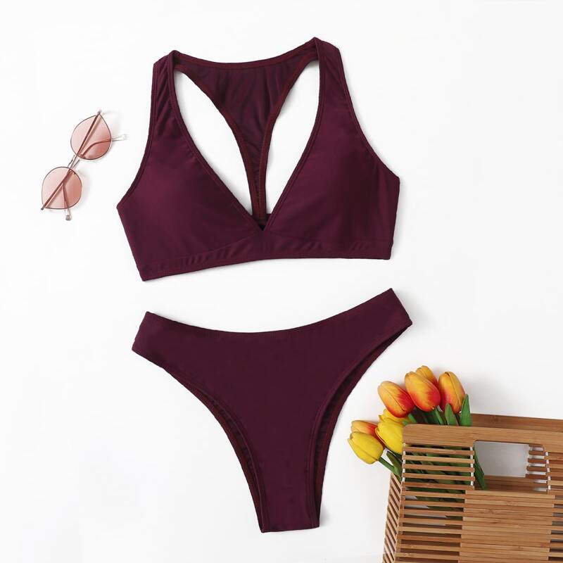 

Solid Backless High Cut Bikini Swimsuit, Maroon