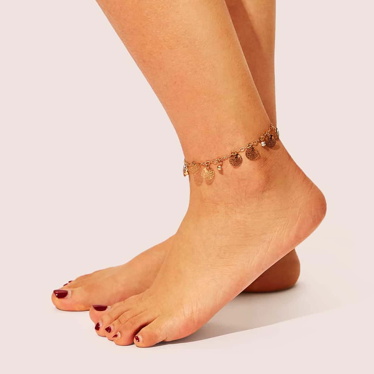 

1pc Rhinestone & Tree Coin Chain Anklet, Gold