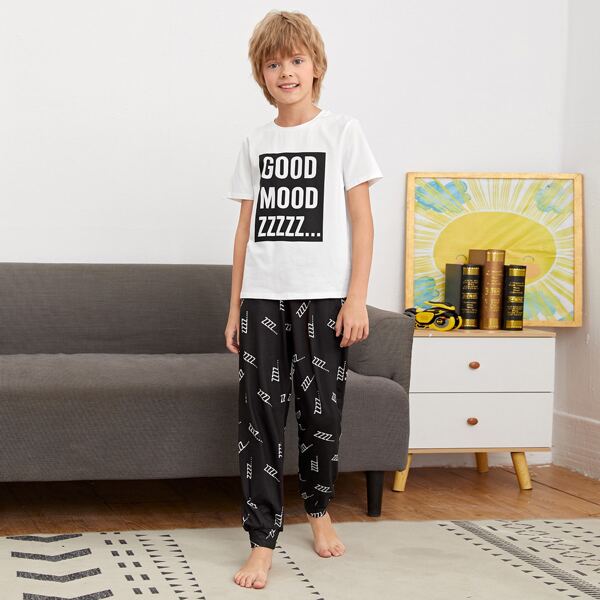 

Пижама с текстовым принтом для мальчиков, Черный и белый