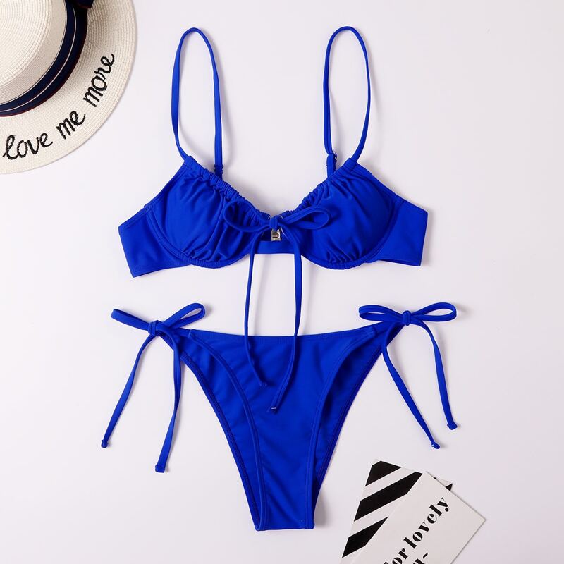 

Solid Ruched Bust Tie Side Bikini Swimsuit, Royal blue