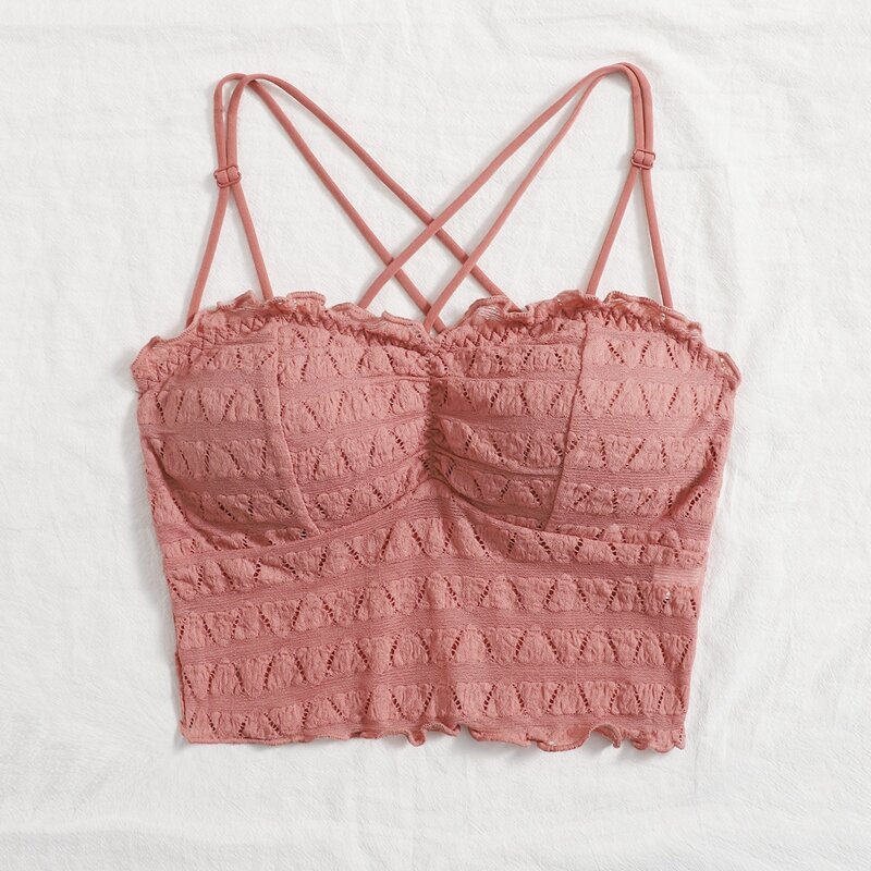 

Solid Geo Lettuce Trim Bralette, Coral pink