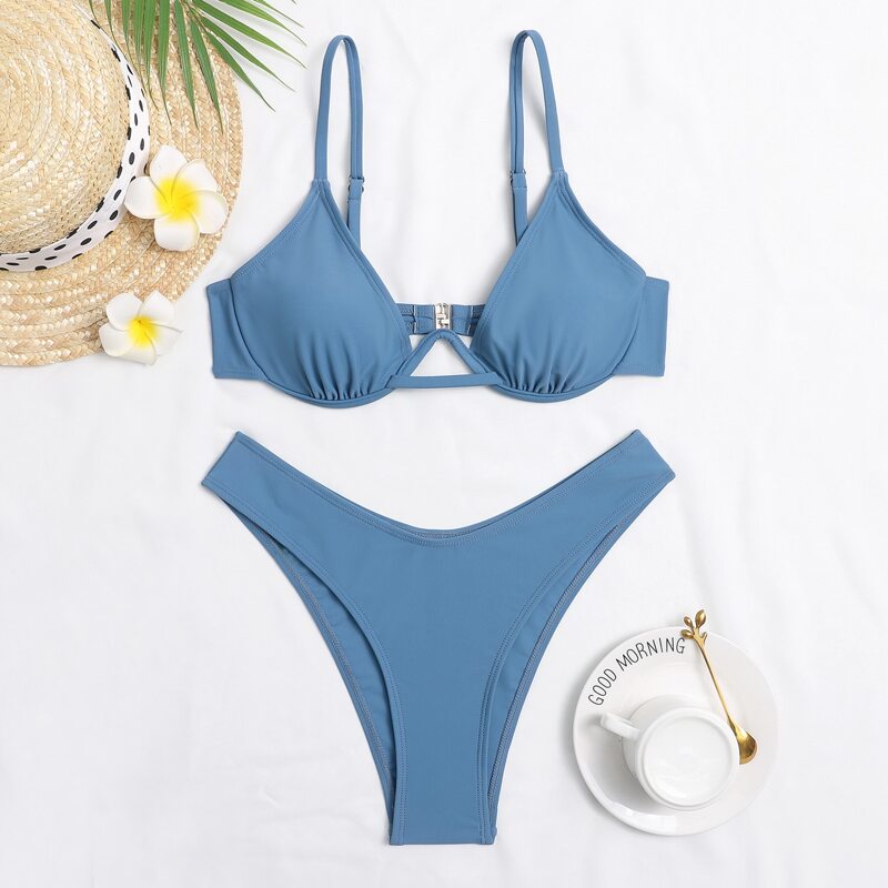 

Solid Push Up High Cut Bikini Swimsuit, Dusty blue
