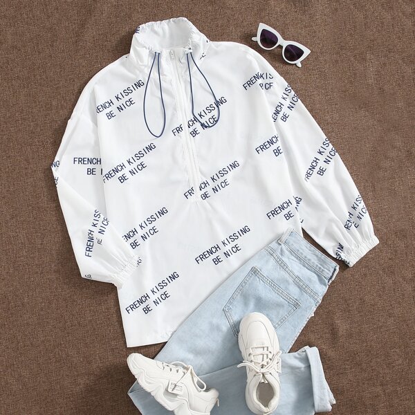 

Slogan Graphic Drawstring Detail Wind Anorak Jacket, White