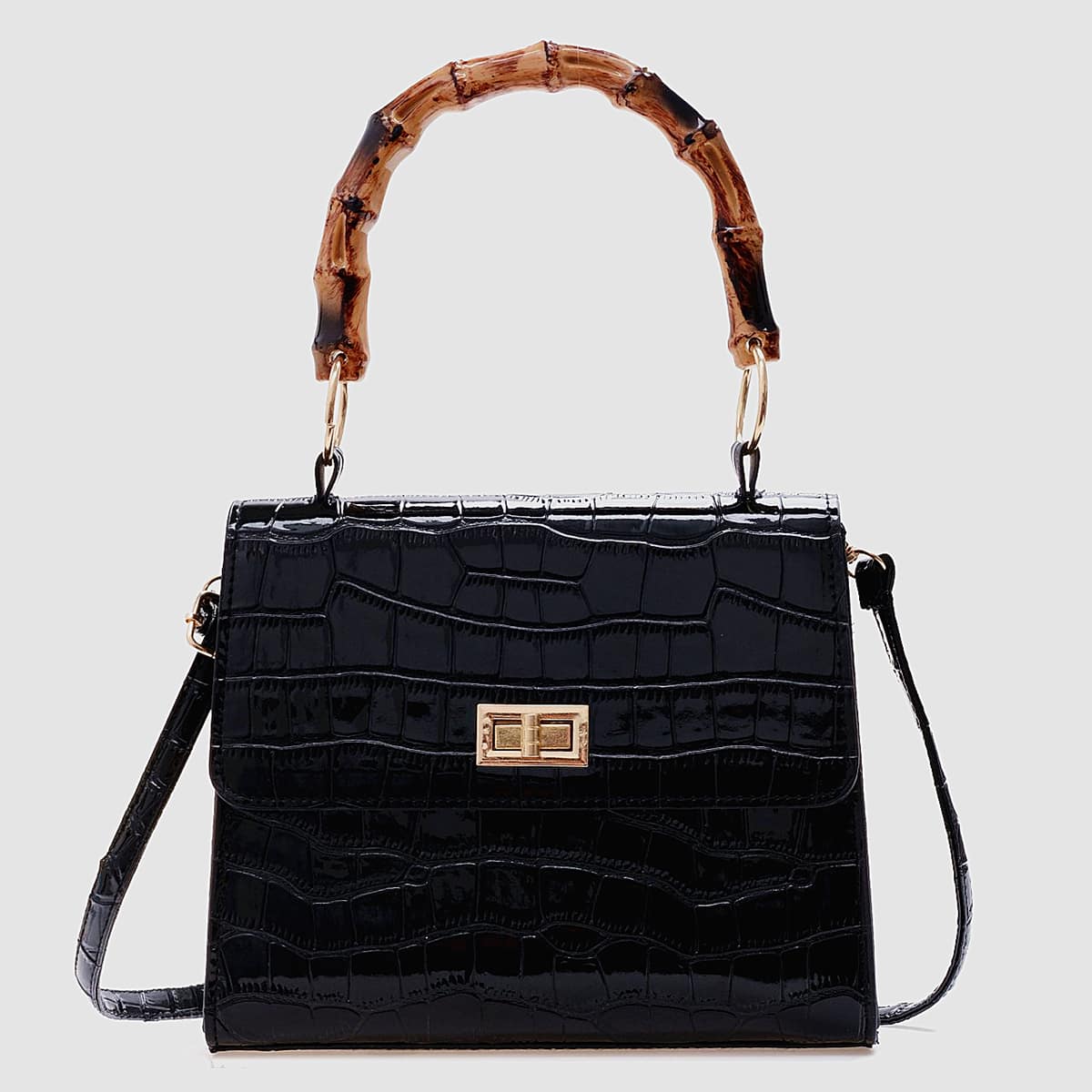 

Croc Embossed Satchel Bag, Black