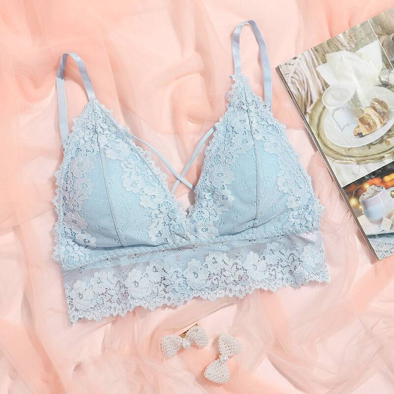 

Floral Lace Criss Cross Bralette, Baby blue