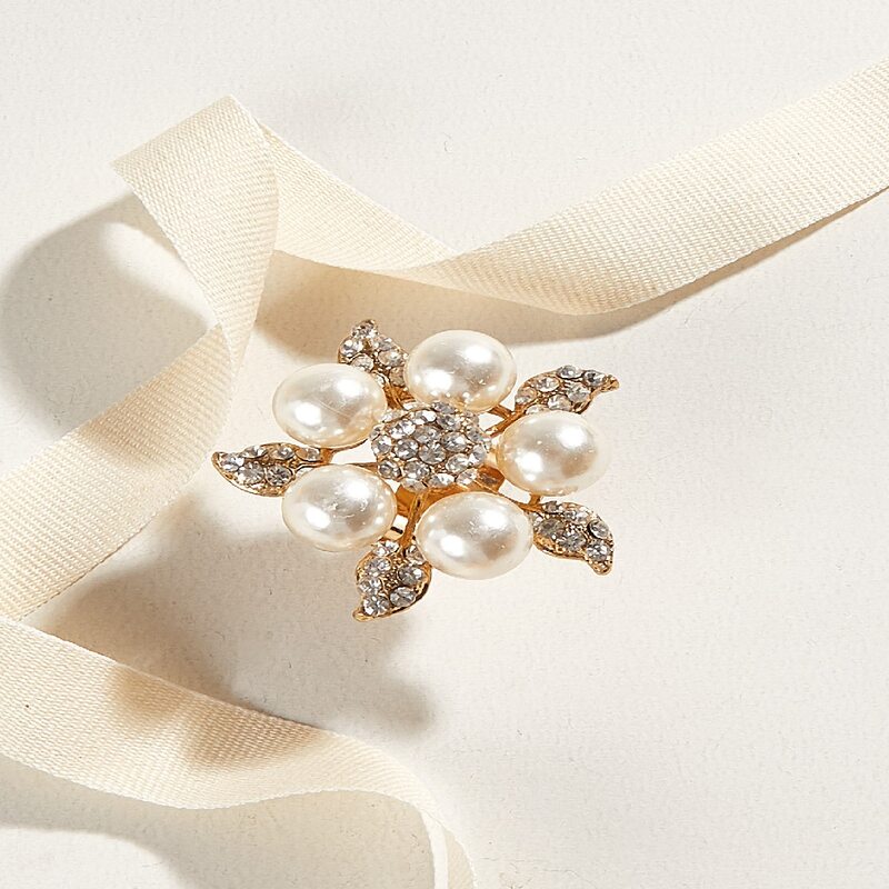 

Faux Pearl & Rhinestone Floral Ring, Gold