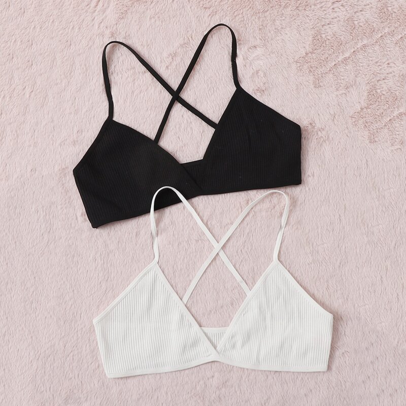 

2pack Solid Ribbed Criss Cross Bra Set, Black and white
