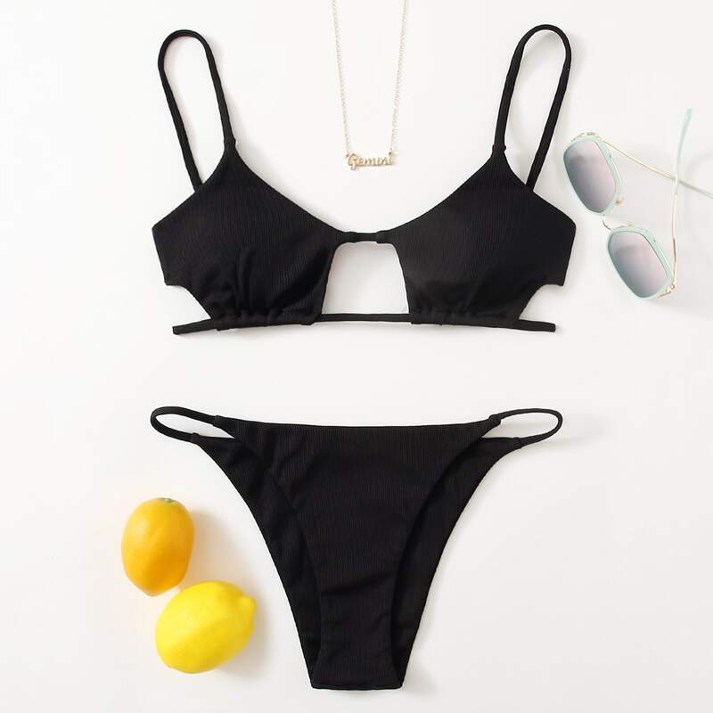 

Solid Cut Out Thong Bikini Swimsuit, Black