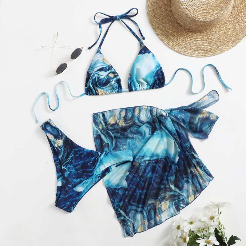 

3pack Galaxy Halter Bikini Swimsuit & Beach Skirt, Multicolor