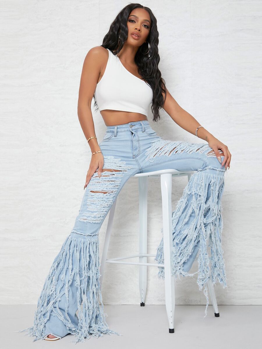 SHEIN SXY Quần jean Nút màu trơn - Rửa nhẹ - Xem 1