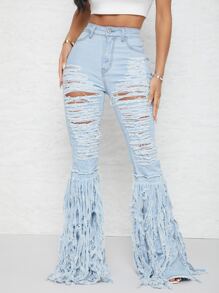 SHEIN SXY Quần jean Nút màu trơn - Rửa nhẹ - Xem 4