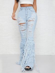 SHEIN SXY Quần jean Nút màu trơn - Rửa nhẹ - Xem 5