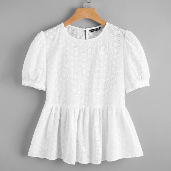 

Schiffy Puff Sleeve Peplum Blouse, White