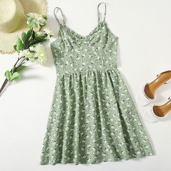 

Frill Trim Ruched Bust Ditsy Floral Slip Dress, Mint green