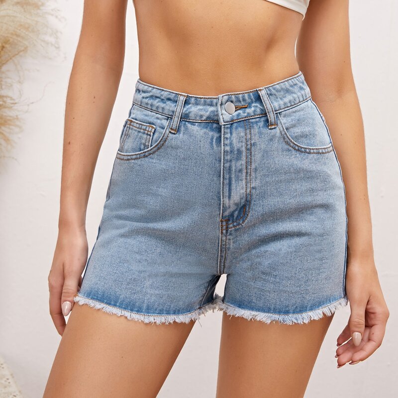 

High Waist Raw Hem Denim Shorts, Light wash