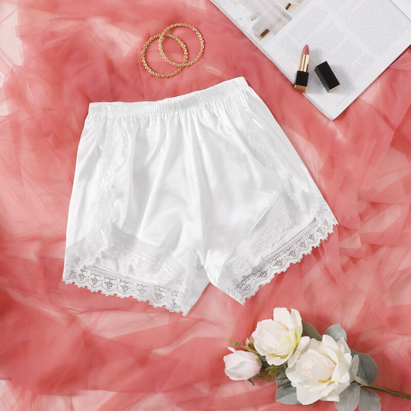 

Satin Contrast Lace Night Shorts, White
