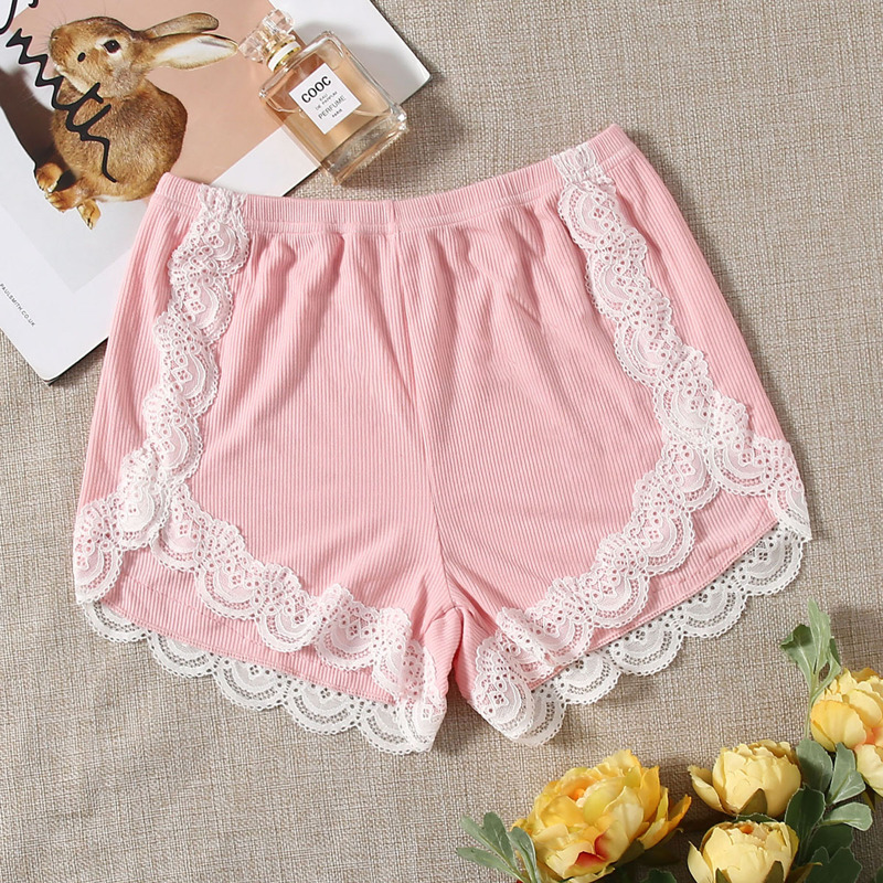 

Contrast Lace Ribbed Sleep Shorts, Baby pink