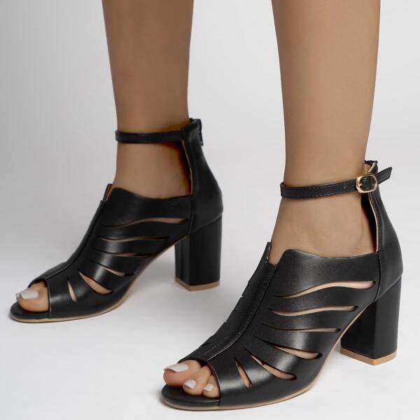 

Peep Toe Cut-out Ankle Strap Pumps, Black