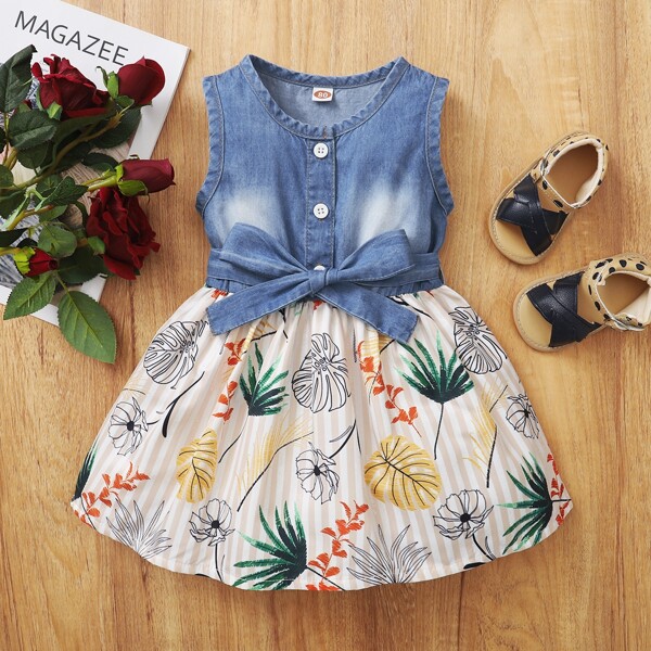 

Baby Girl Striped & Leaf Print Belted Dress, Multicolor