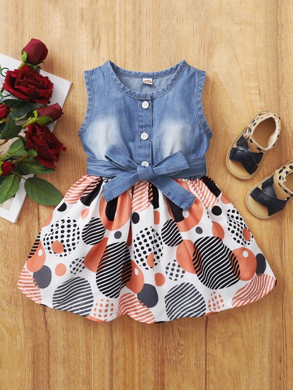 女嬰紐扣半腰帶連衣裙