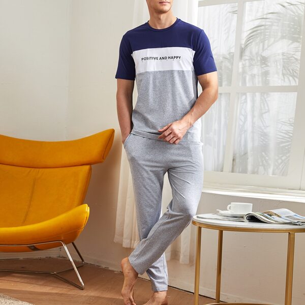 

Men Slogan Graphic Colorblock Top & Pants PJ Set, Multicolor