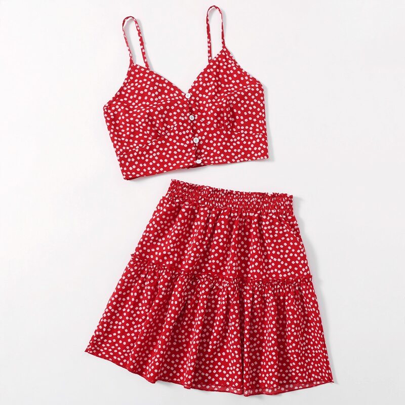 

Ditsy Floral Button Front Cami & Skirt, Red and white